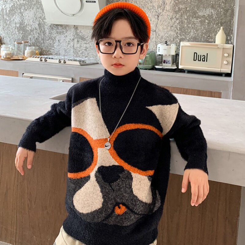 South Korean children suit sweaters high collar plus suede thickened cartoon winter style Fashion Foreign Boy Autumn Winter New mink suede