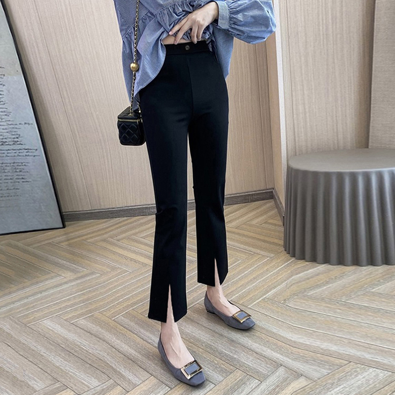 [3 Lengths] Black Slit Pants, Cropped Flared Pants, Professional High-Waisted, Drapey, Slimming Suit Flared Pants for Women
