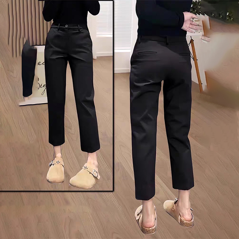 Black Cropped Casual Suit Pants for Women 2026 Spring/Summer Korean Style Versatile Stretchy Slimming Petite Straight-Leg Cigarette Pants