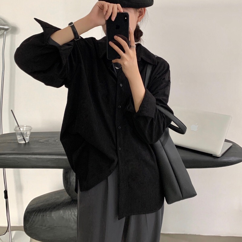 Korean Style Autumn and Winter New Black High-End Corduroy Thickened Long-Sleeved Shirt, Fashionable Brushed Niche Layered Shirt