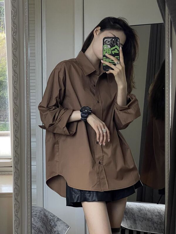 Designed to Be Loose and Versatile, Casual Coffee-Colored Shirt for Women, 2026 Spring and Autumn New Style, Lazy Style, Slimming Long-Sleeved Top