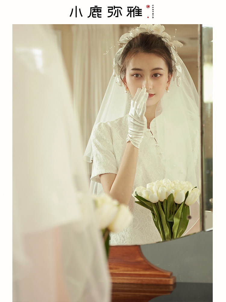 Cerfmia deer Miya handmade camellia retro French bride short veil photo custom show small face