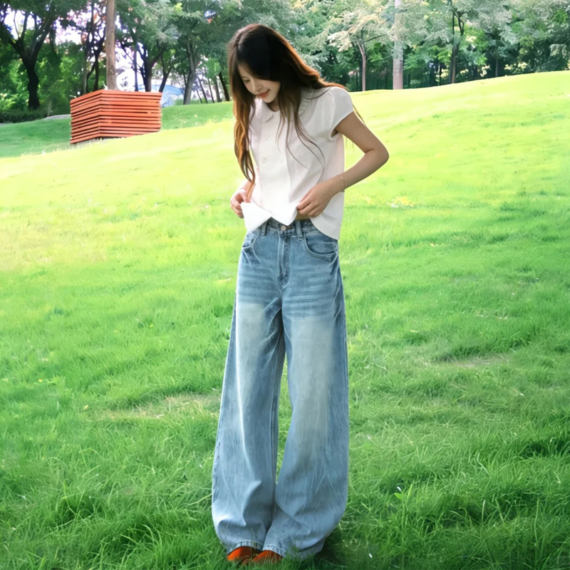 American Retro Heavy-Duty Washed Denim Jeans for Women, 2026 New Summer Style, Low-Waist, Loose Wide-Leg Pants
