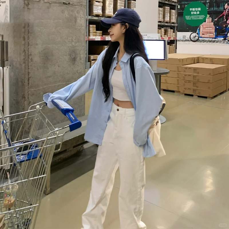 Blue Shirt Jacket for Women 2026 New Summer Thin Trendy Sun Protection Shirt Petite Casual Loose Top