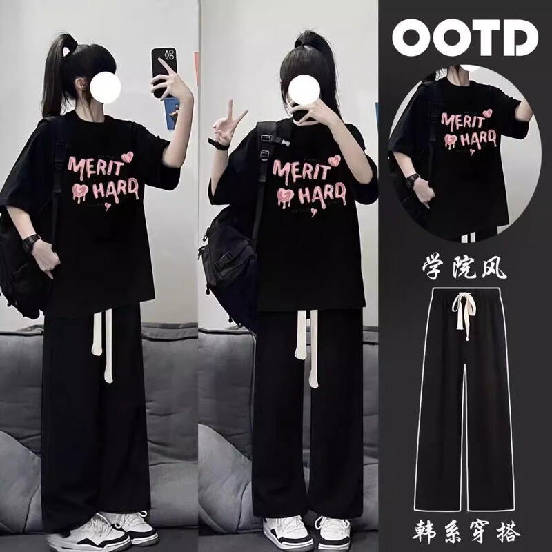 Plus Size 150kg Fat Sister College Style Casual Sports Suit for Women Summer Loose Short-Sleeved Wide-Leg Pants Two-Piece Set2