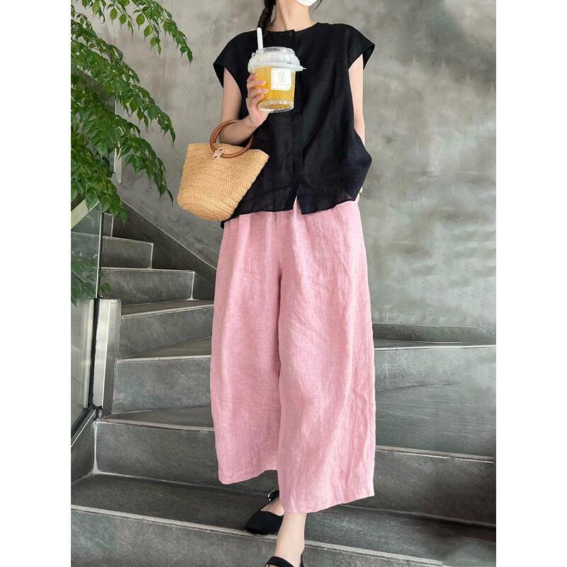 Plus Size 150kg Thin Pink Linen Casual Pants for Women, Summer Loose Wide-Leg High-Waisted Cropped Pants 2