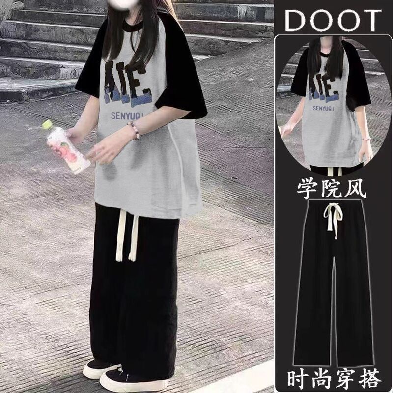 Plus Size 150kg Casual College Style Suit for Fat Girls, Summer Raglan Short-Sleeved Long Pants, Two-Piece Set for Junior High School Students2 Plus Size 150kg Casual College Style Suit for Fat Girls, Summer Raglan Short-Sleeved Long Pants, Two-Piece Set for Junior High School Students2