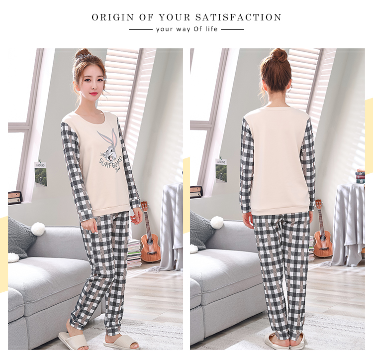 Mùa xuân và mùa thu Hàn Quốc phiên bản dài của phụ nữ cổ tròn cotton cotton dài tay dễ thương bộ đồ mặc nhà mùa hè cao cấp