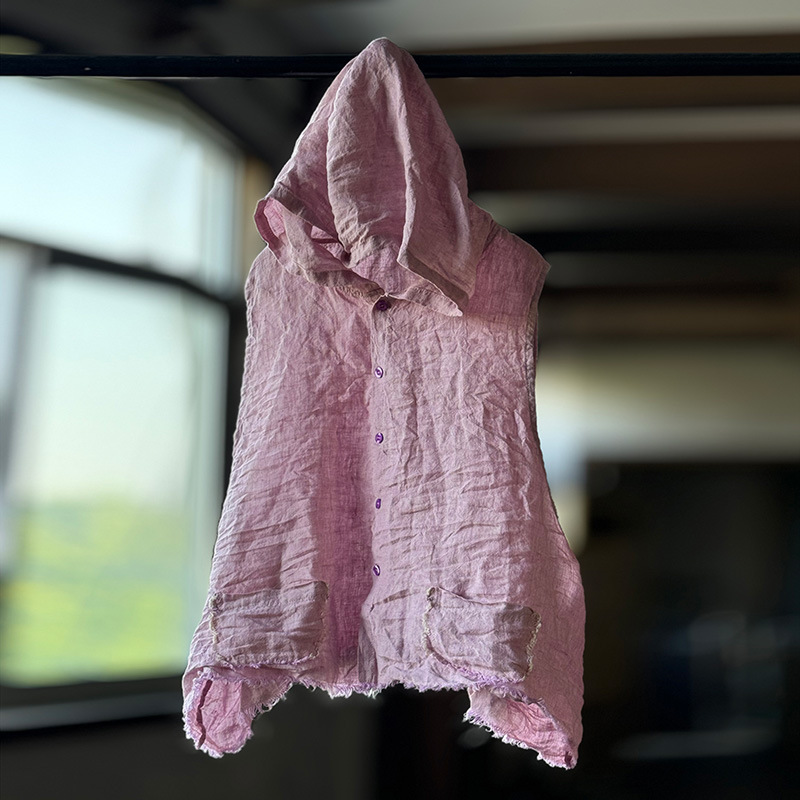 4357 Original High-Temperature Washed Yarn-Dyed Linen Casual Hooded Vest Loose Cardigan Sun Protection Sleeveless Vest