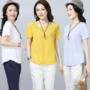 Áo thun cotton và vải lanh tay ngắn nữ 2019 mới mùa hè đầm suông rộng kích thước lớn che bụng thon gọn áo thun thủy triều - Cộng với kích thước quần áo