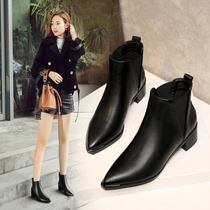 Chelsea Boots Woman Thick Heel 2021 Autumn Winter New Middle Heel Short-Barrel Short Boots And Nude Boots Pointy Martin Boots 100 Hitch Shoes