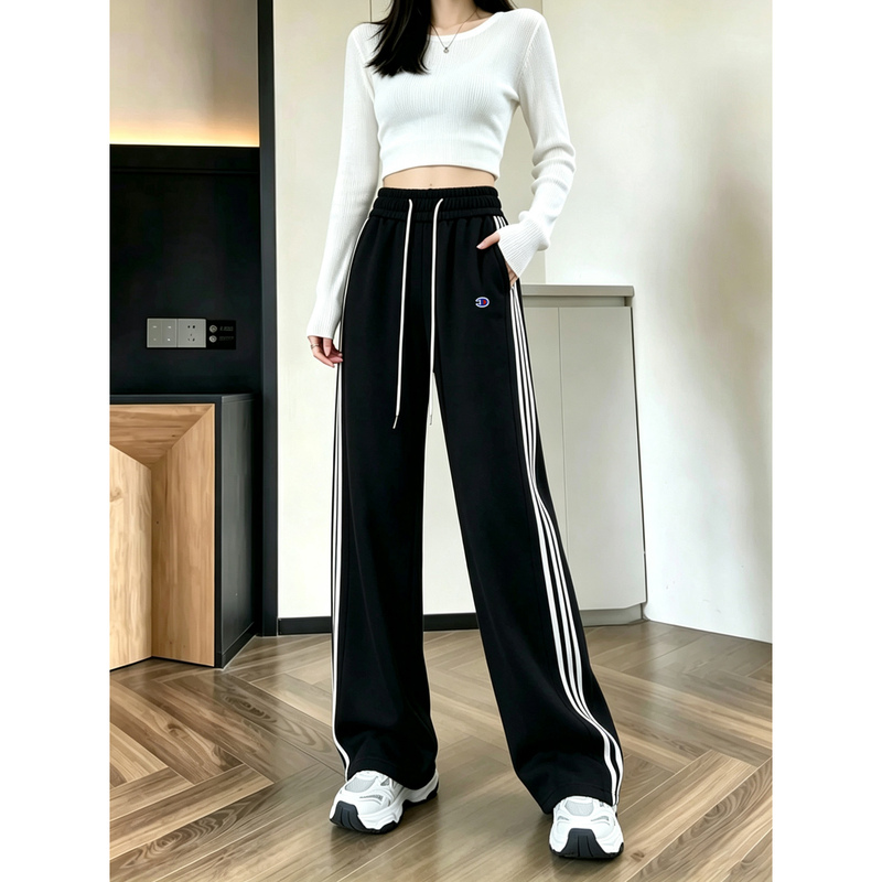 Japanese Style Champion Wide-Leg Pants for Women, Autumn Sports Jogger Sweatpants, 2026 Autumn and Winter New Fleece-Lined Three-Stripe Straight-Leg Pants