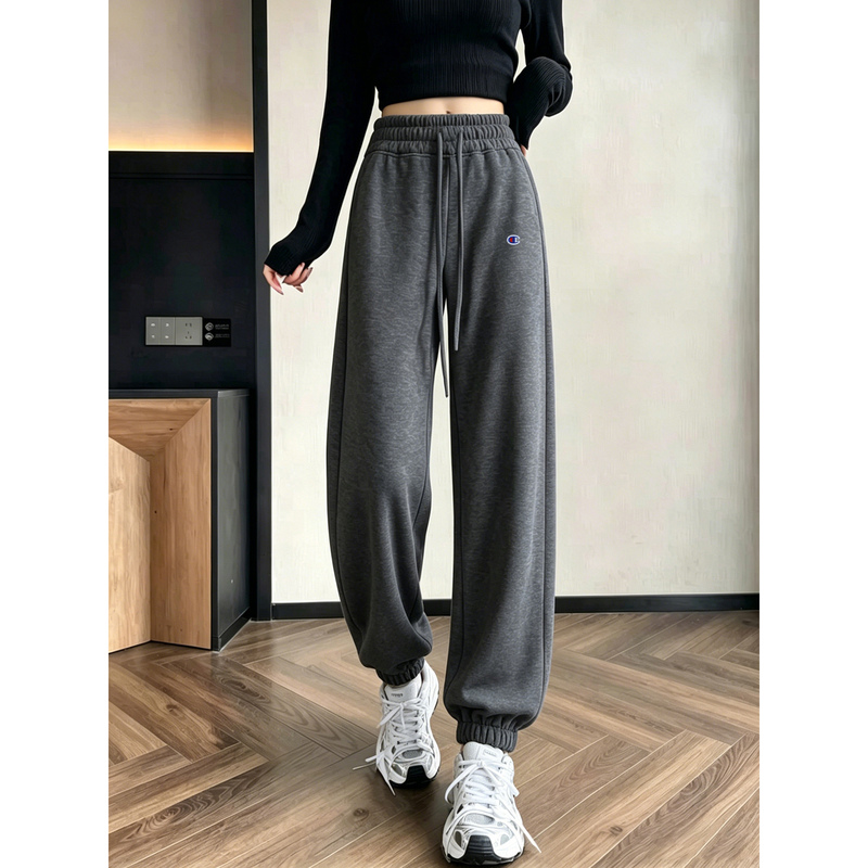 Japanese Style Champion Dark Gray Sweatpants for Women, Autumn Wide-Leg Pants, Slimming, 2026 Autumn and Winter New Fleece-Lined Casual Jogger Pants