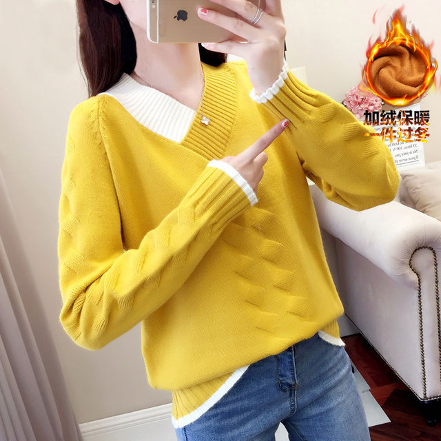 Sweater women's color-blocking V-neck sweater plus velvet thickening new net red Korean version loose lazy style bottoming shirt top