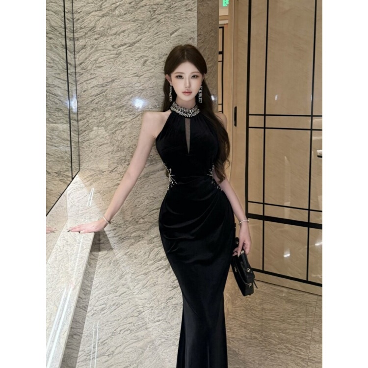 Black Evening Dress for Women 2026 New Style High-End Velvet Mermaid Engagement Dress Annual Meeting Host Piano Performance Dress