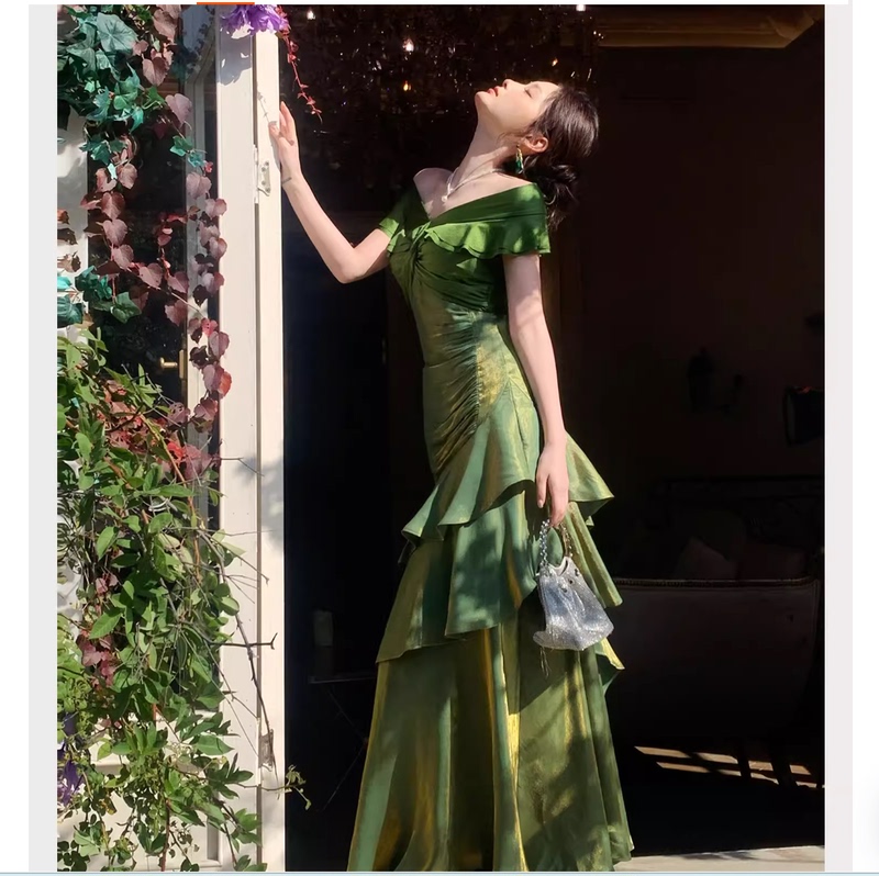 【Sista Castle】French-Style Green Off-Shoulder Light Luxury Dress, Niche Coming-Of-Age Ceremony Dress, Fishtail Dress