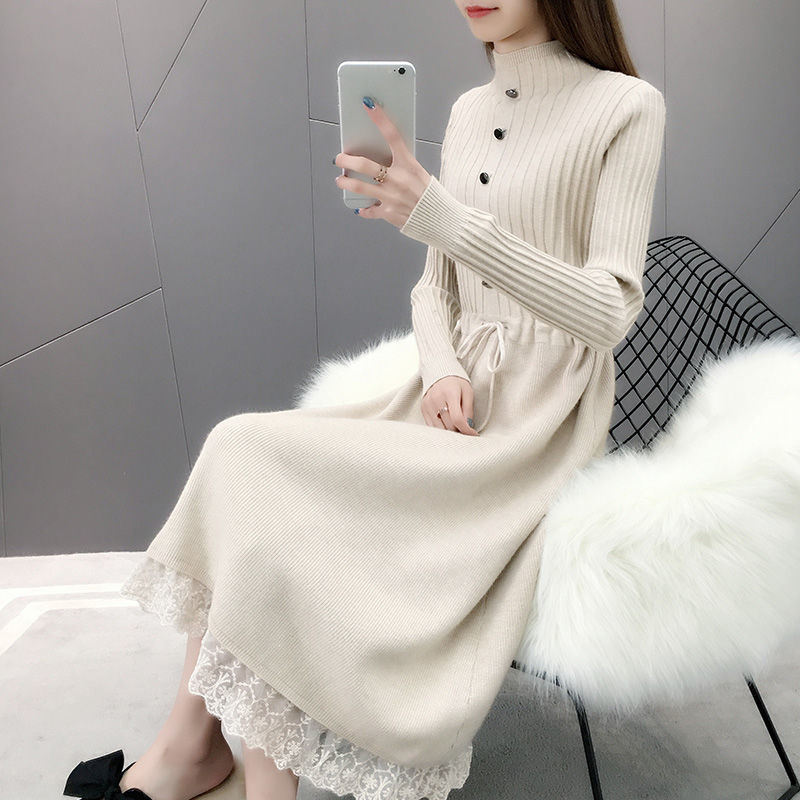 Mid-Length Knitted Dress for Women 2026 Autumn and Winter New Style Slimming Over-The-Knee Knitted Sweater Dress for Layering with a Coat