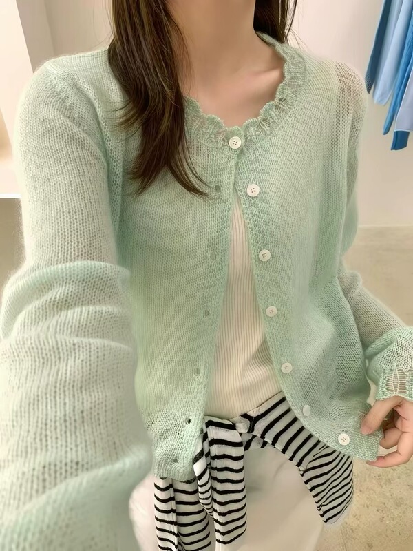 Lazy Style Mohair Round Neck Knitted Hollow Cardigan for Women 2026 New Spring and Summer Simple Solid Color Thin Jacket for Women