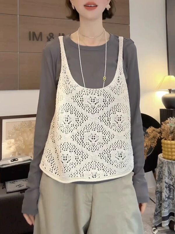 Crochet Hollow-Out Knitted Vest for Women 2026 Spring/Summer Korean Style Loose Versatile Layering Base Shirt Trendy Top