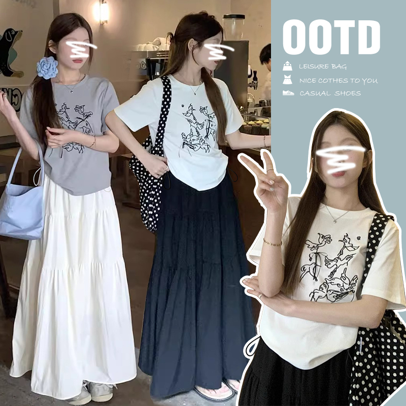 Maternity Skirt Set, New Summer Fashion, Short-Sleeved White Long Skirt, Mid-Length, Without Belly Support, Pig Nose Buckle