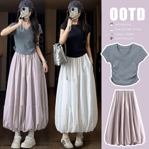 Maternity skirt suit summer tutu skirt lantern bud skirt no belly support two-piece set V-neck T-shirt slimming