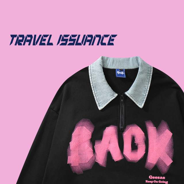 TRAVELISUANCE ສີບົວ ghosting trendy brand letter print couple sweatshirt loose and versatile POLO shirt