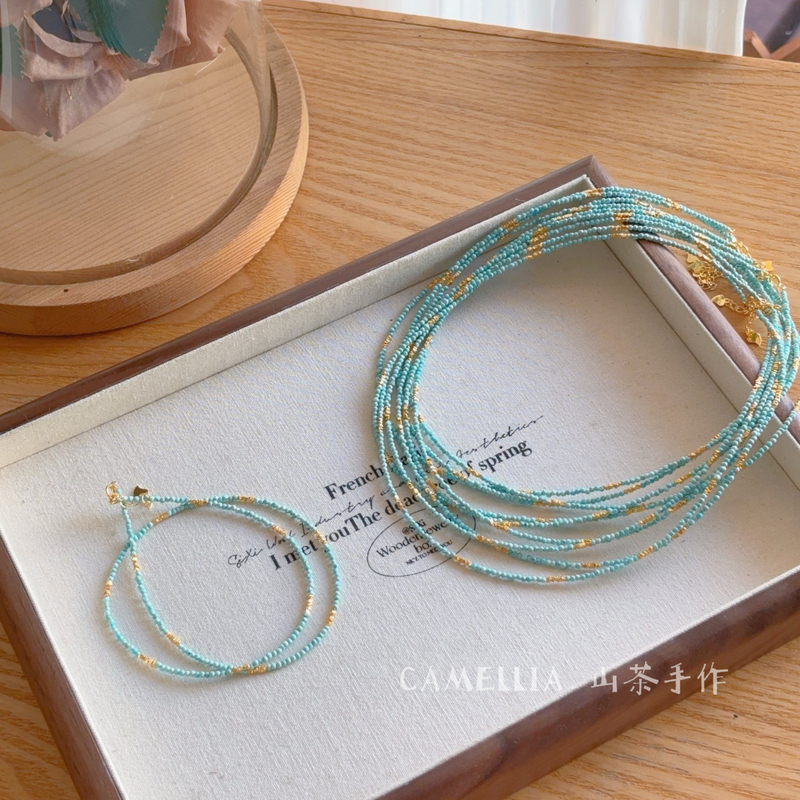 Natural Turquoise and Gold Nugget Bracelet and Necklace, Original Niche Design Gift, New Chinese Style, Simple and Stackable