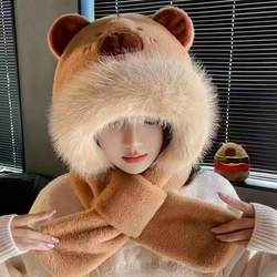 새로운 Capybara Capipabara 모자 스카프는 고품질 겨울 방풍 및 따뜻한 봉제 모자입니다.