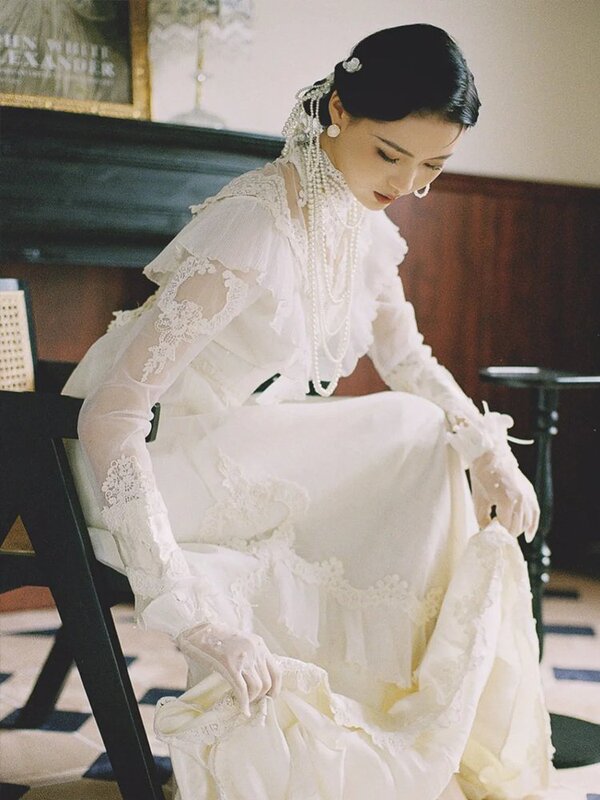 New 80S Light Wedding Photography Retro Long-Sleeved Hong Kong Style Classical French Photo Shoot Wedding Dress Going-Out Dress New 80S Light Wedding Photography Retro Long-Sleeved Hong Kong Style Classical French Photo Shoot Wedding Dress Going-Out Dress
