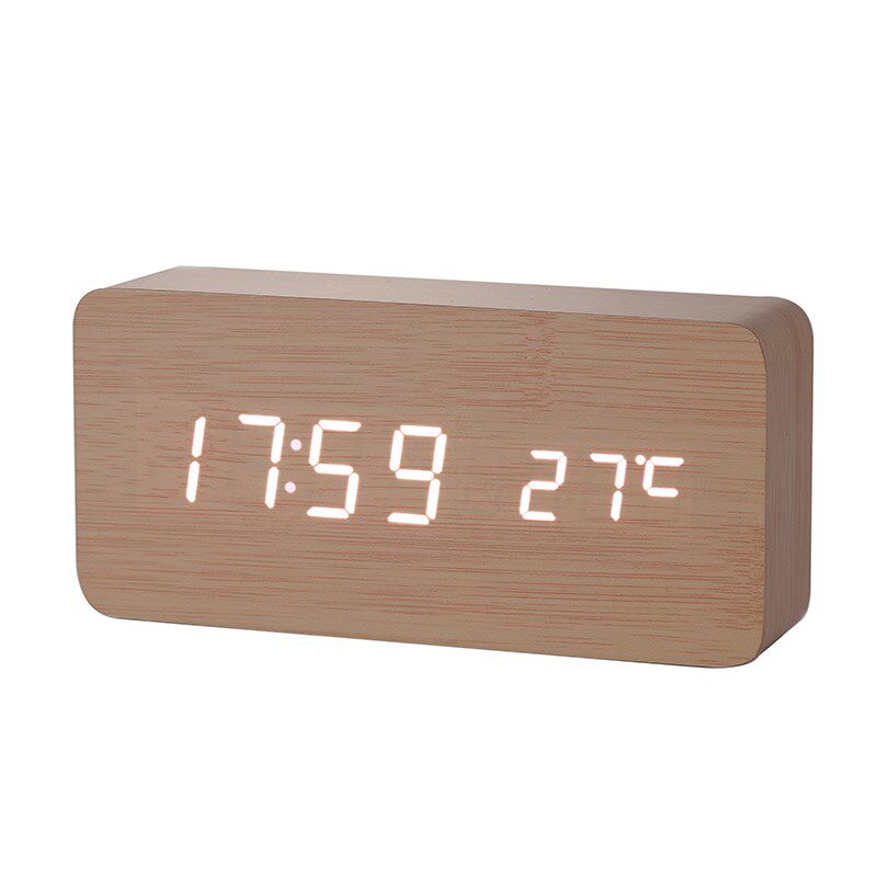 Creative intelligent LED wooden alarm student silent temperature double plug-in clock birthday gift
