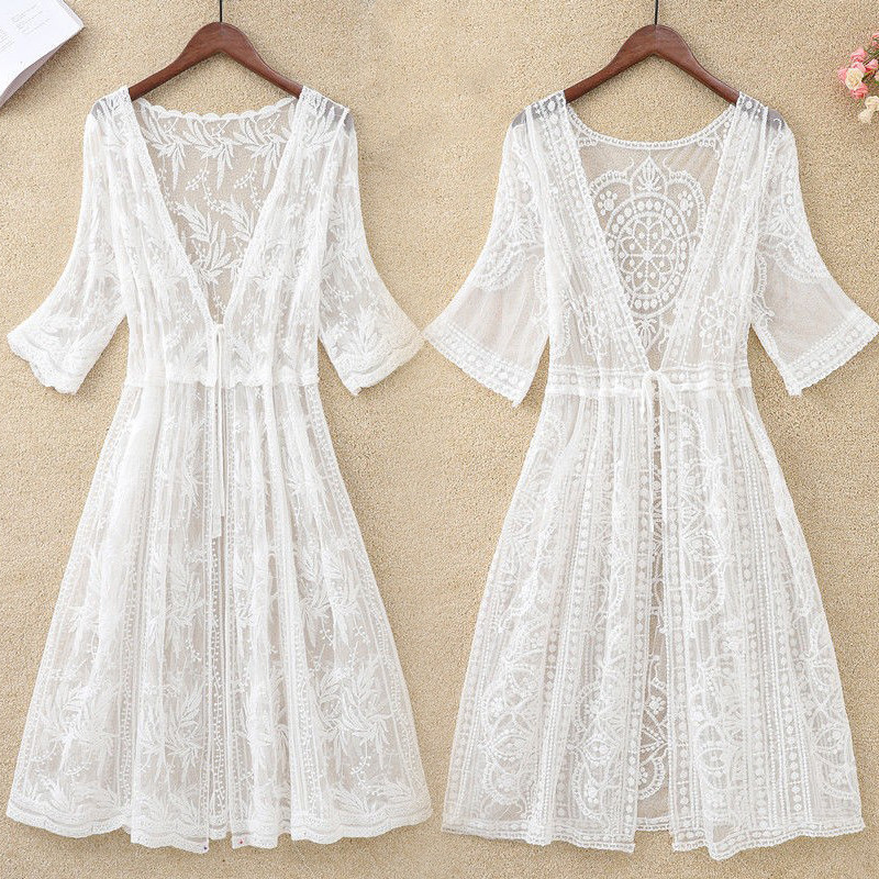 Beach Vacation Lace Cardigan, Summer Thin Mid-Length Loose Sun Protection Clothing, Long Cardigan for Air Conditioning