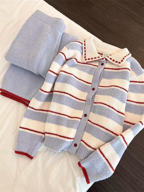 Korean Style Casual Color-Block Striped Knit Half-Velvet Pajamas for Women, Autumn and Winter Thickened Warm Loungewear Set for Outerwear