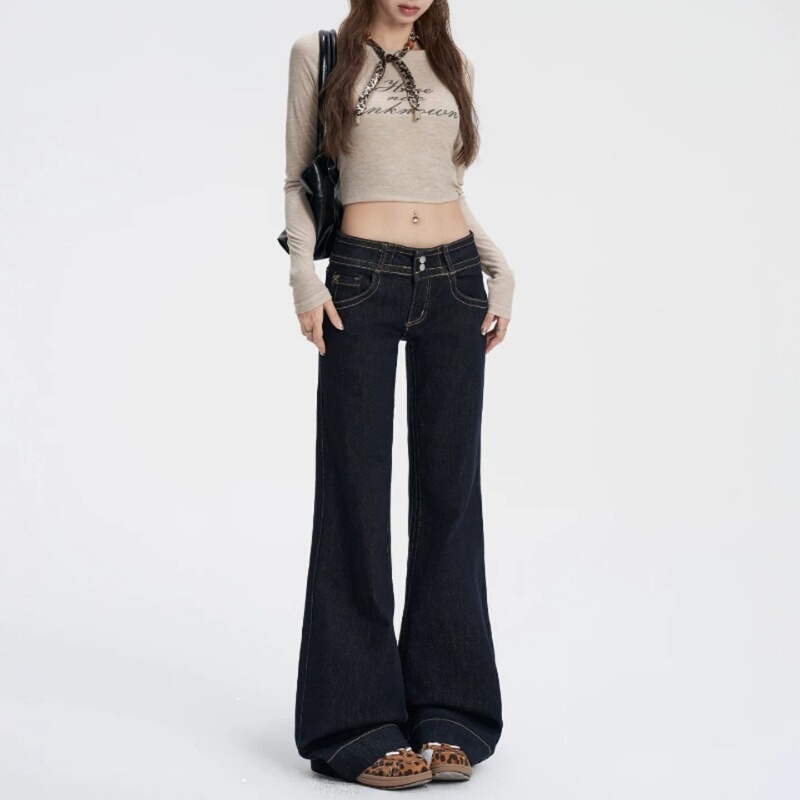 Dark Blue Flared Jeans for Women, 2026 New Spring/Summer Style, Slim Fit, Non-Tight on the Legs, Low-Waist, American Style, Petite Straight-Leg Pants