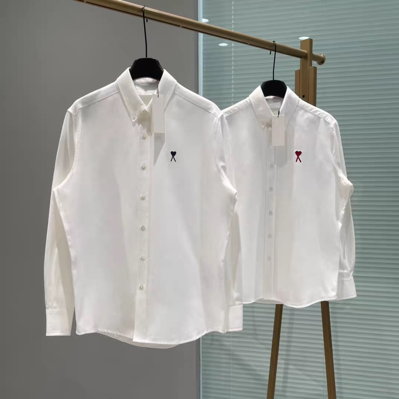2026 New Summer Shirt Amixmets Small Heart Embroidery Long-Sleeved Pure Cotton Top, Same Style for Men and Women