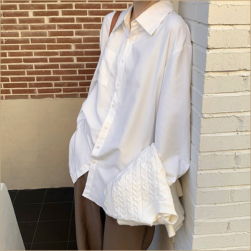 White Shirt for Women, French Style, Autumn and Winter, Loose Fit, Mid-Length, Unique Design, Inner Layer, Long-Sleeved Top, Trendy White Shirt for Women, French Style, Autumn and Winter, Loose Fit, Mid-Length, Unique Design, Inner Layer, Long-Sleeved Top, Trendy