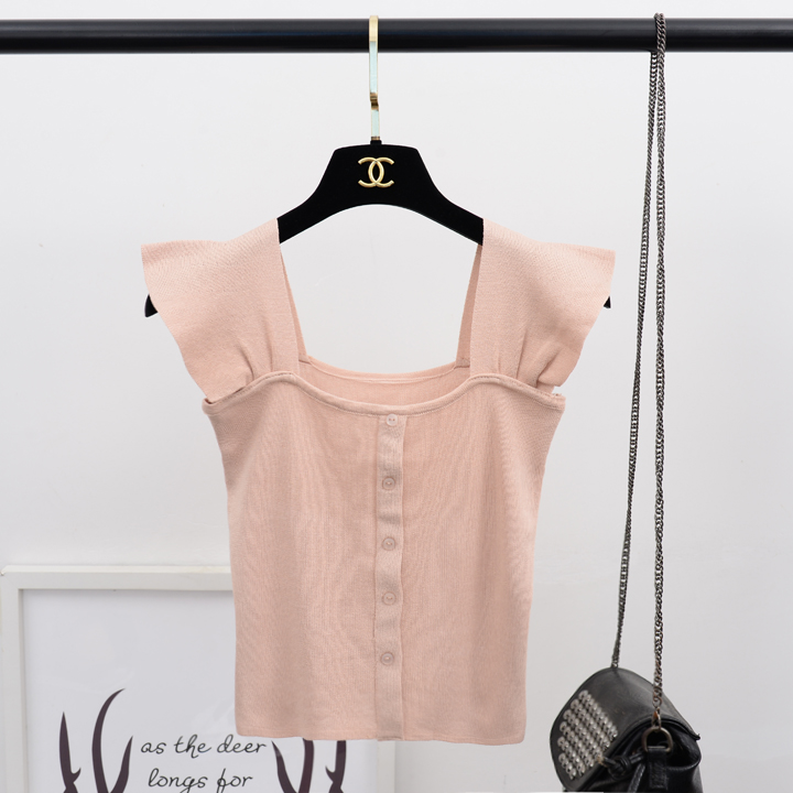 Sweet chic đơn ngực ngắn rộng sling vuông cổ áo ống đầu xù hai mặc áo gi lê đan là phụ nữ áo sơ mi mỏng áo thun nữ đẹp