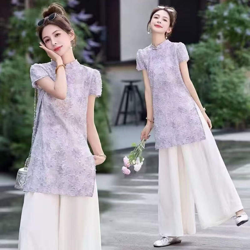 New Chinese Style Top, Wide-Leg Pants Suit, Summer New Style, Fashionable, Loose, Slimming, Belly-Covering Jacquard Top