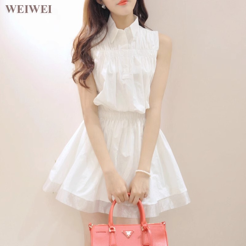 2025 New Summer Women's Dress Korean Style Elegant Little Chanel Style Sleeveless Shirt Collar Elastic Waist Puffy Dress Spring 2025 New Summer Women's Dress Korean Style Elegant Little Chanel Style Sleeveless Shirt Collar Elastic Waist Puffy Dress Spring