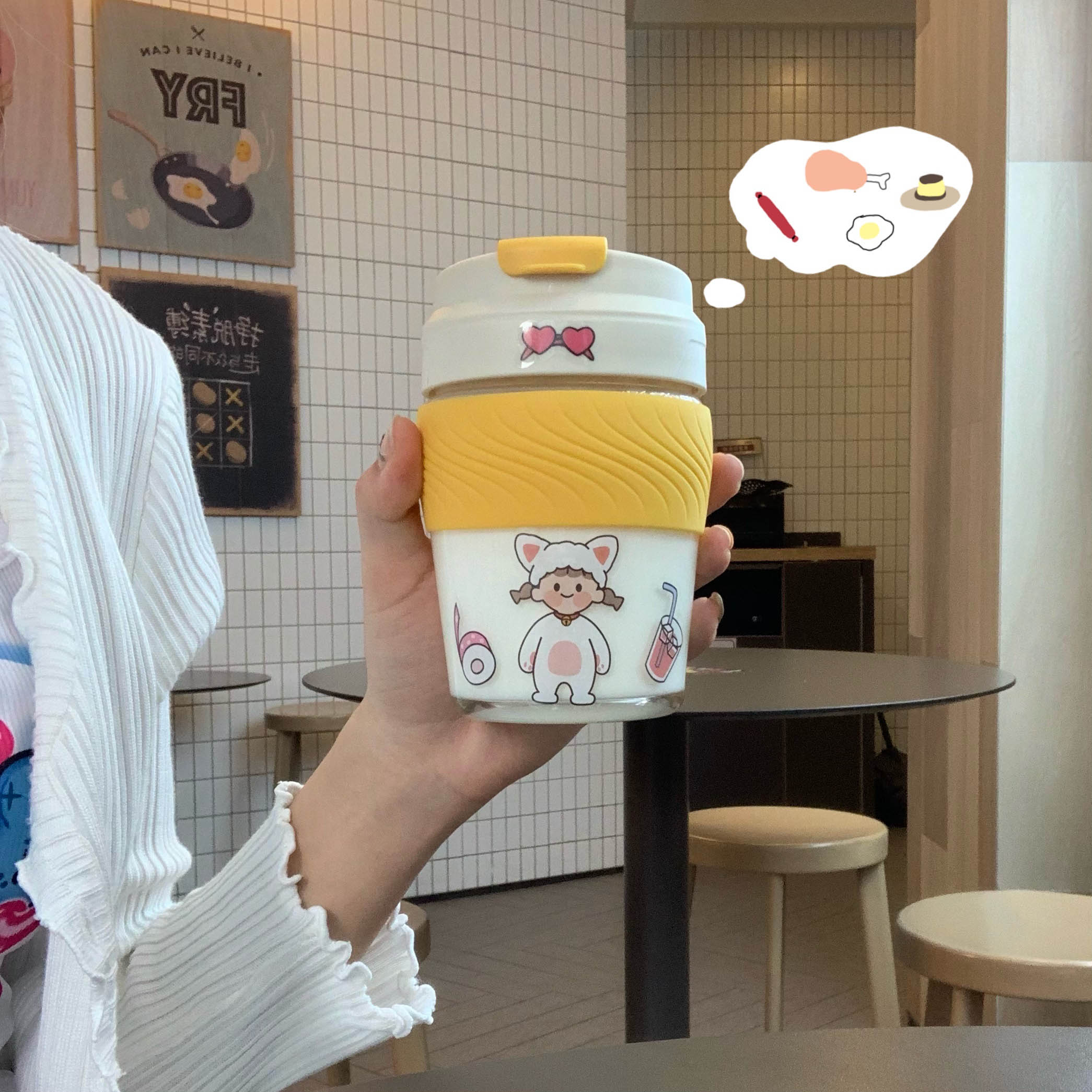 Water cup women's portable milk coffee glass with straw Advanced sense ins summer cute 2020 new cup