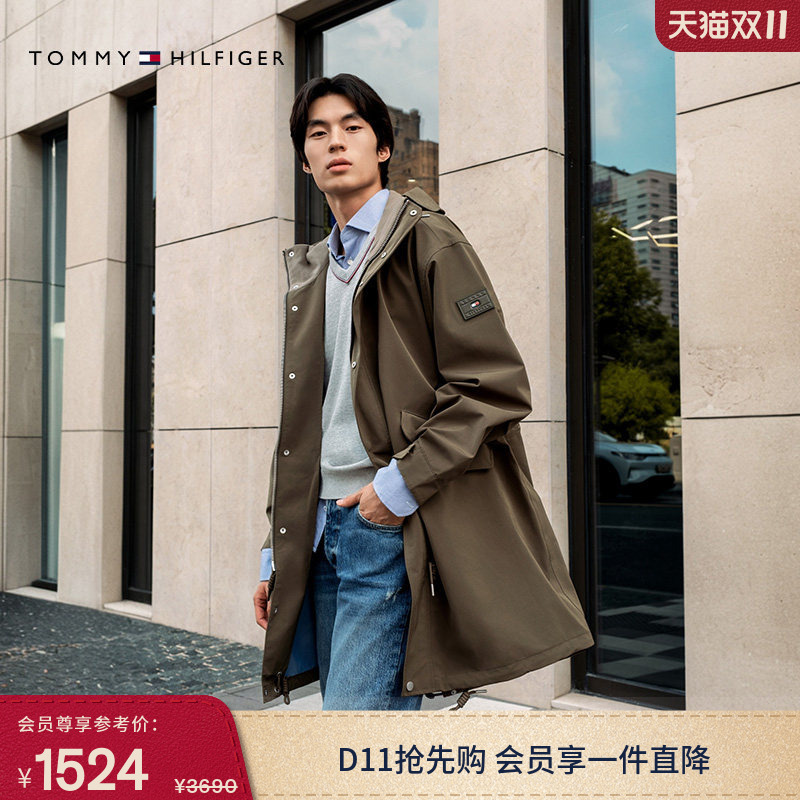 [Outdoor Waterproof] Tommy Autumn and Winter Men's Trendy Casual Mid-Length Hooded Windbreaker Parka Jacket