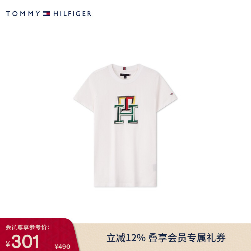 Tommy Spring and Summer Children's Clothing Men's Pure Cotton Plain Casual Colorful Letter Embroidery Round Neck Inner Layering Shirt Short-Sleeved T-Shirt