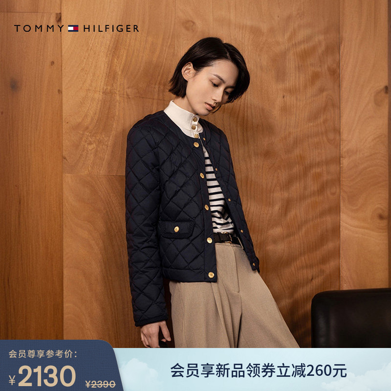 Tommy Autumn and Winter Women's Retro Elegant Casual Diamond Quilted 90% down Round Neck Short down Jacket
