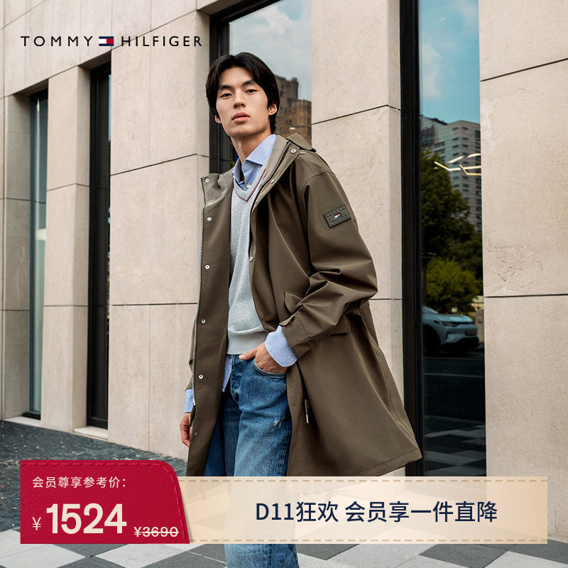 [Outdoor Waterproof] Tommy Autumn and Winter Men's Trendy Casual Mid-Length Hooded Windbreaker Parka Jacket