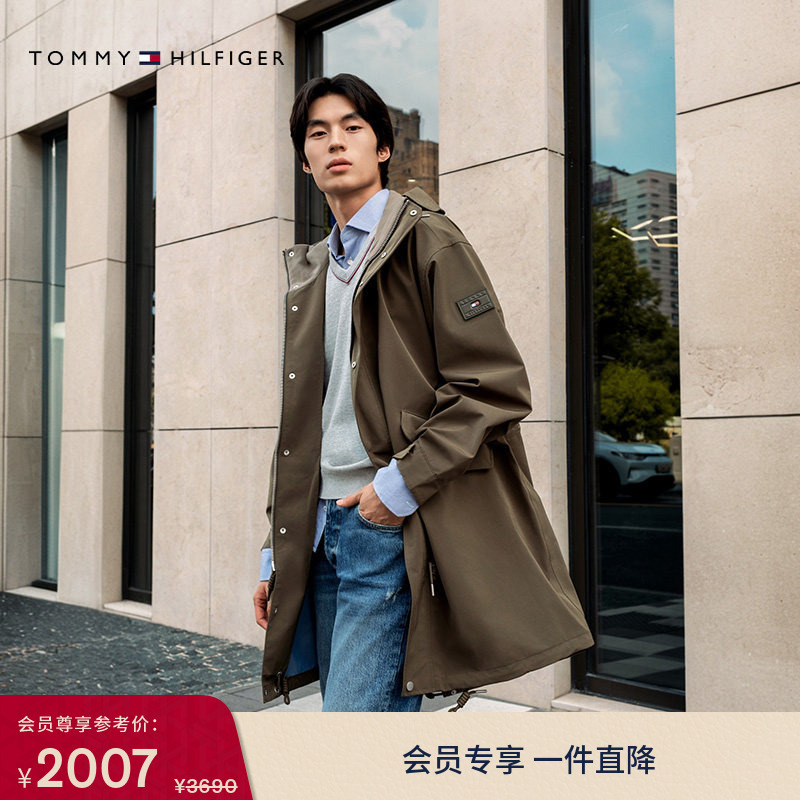 [Outdoor Waterproof] Tommy Spring and Summer Men's Trendy Casual Mid-Length Hooded Windbreaker Parka Jacket