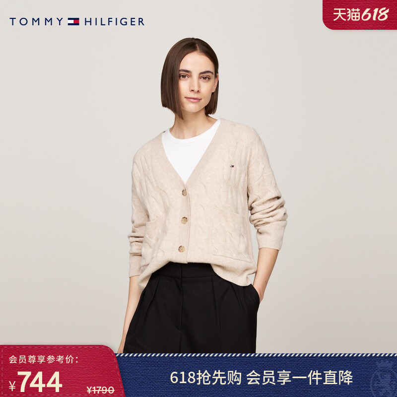 Tommy Autumn and Winter Women's Cable-Knit Casual Lazy Style Loose V-Neck Wool Sweater Cardigan