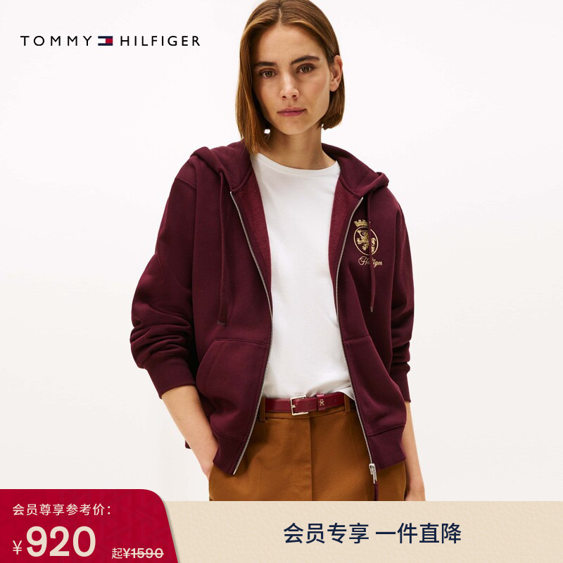 Tommy Autumn and Winter Women's Pure Cotton American Retro Casual Sports Style Badge Embroidered Hooded Sweatshirt Cardigan Jacket