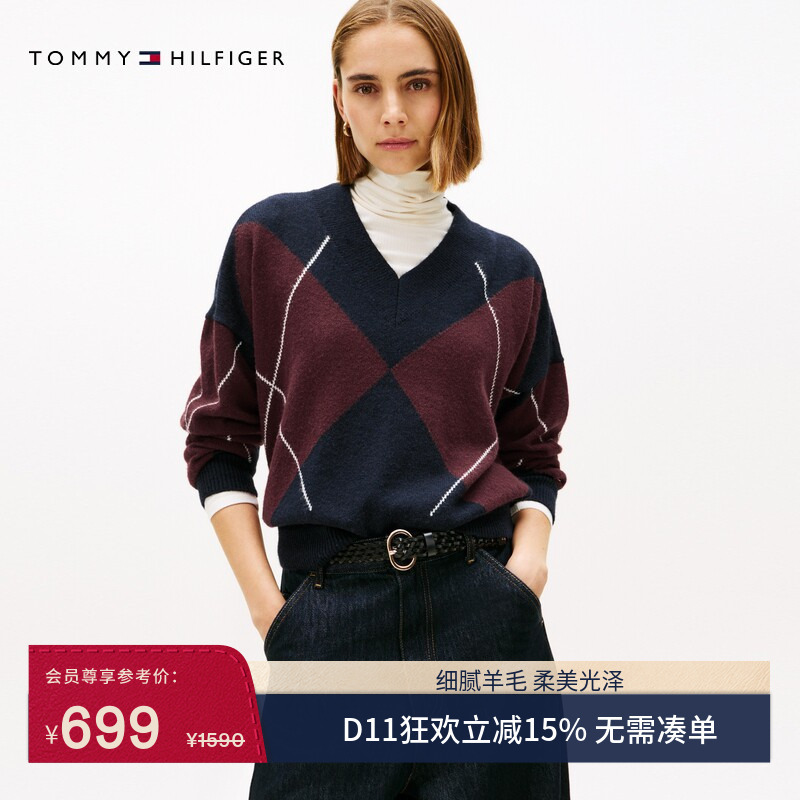 【Argyle Large Plaid】Tommy Autumn/Winter Women's Wool-Blend Classic V-Neck Knit Sweater 【Argyle Large Plaid】Tommy Autumn/Winter Women's Wool-Blend Classic V-Neck Knit Sweater