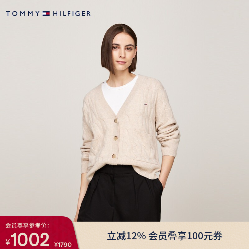 Tommy Autumn and Winter Women's Cable-Knit Casual Lazy Style Loose V-Neck Wool Sweater Cardigan