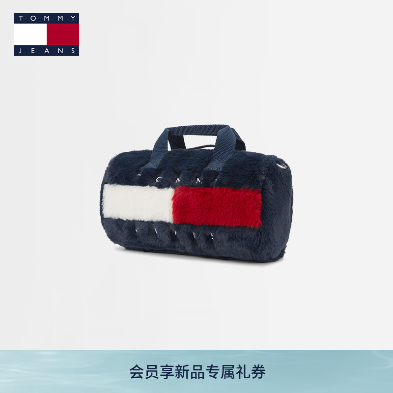 Tommy26 New Autumn Women's Fashion Casual Eye-Catching Flag Logo Plush Handbag Shoulder Crossbody Cylindrical Bag
