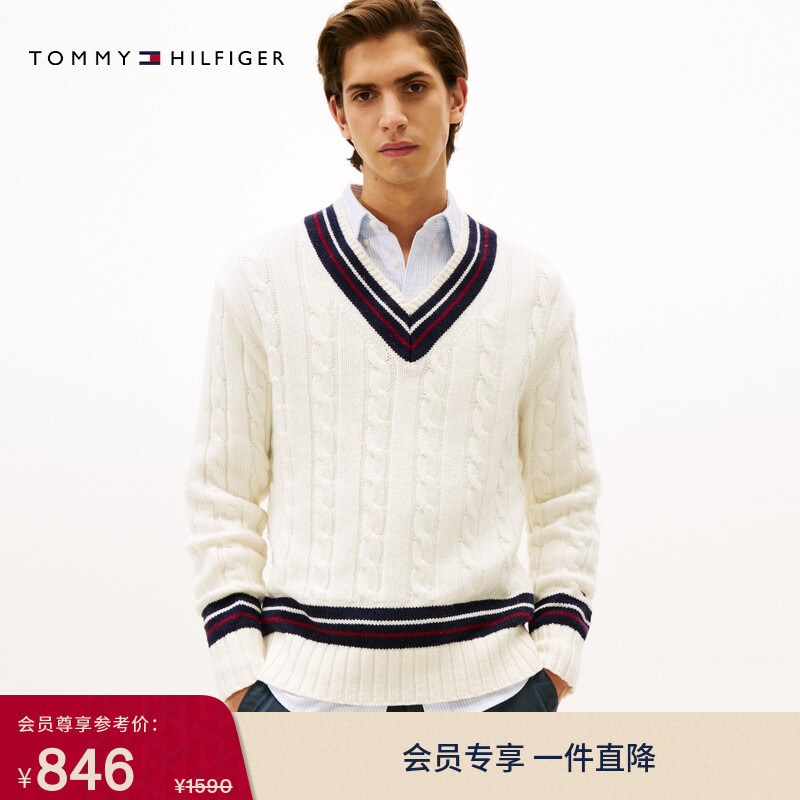 Tommy Autumn and Winter Men's Wool Blend American College Style Cable Knit Color-Block V-Neck Sweater
